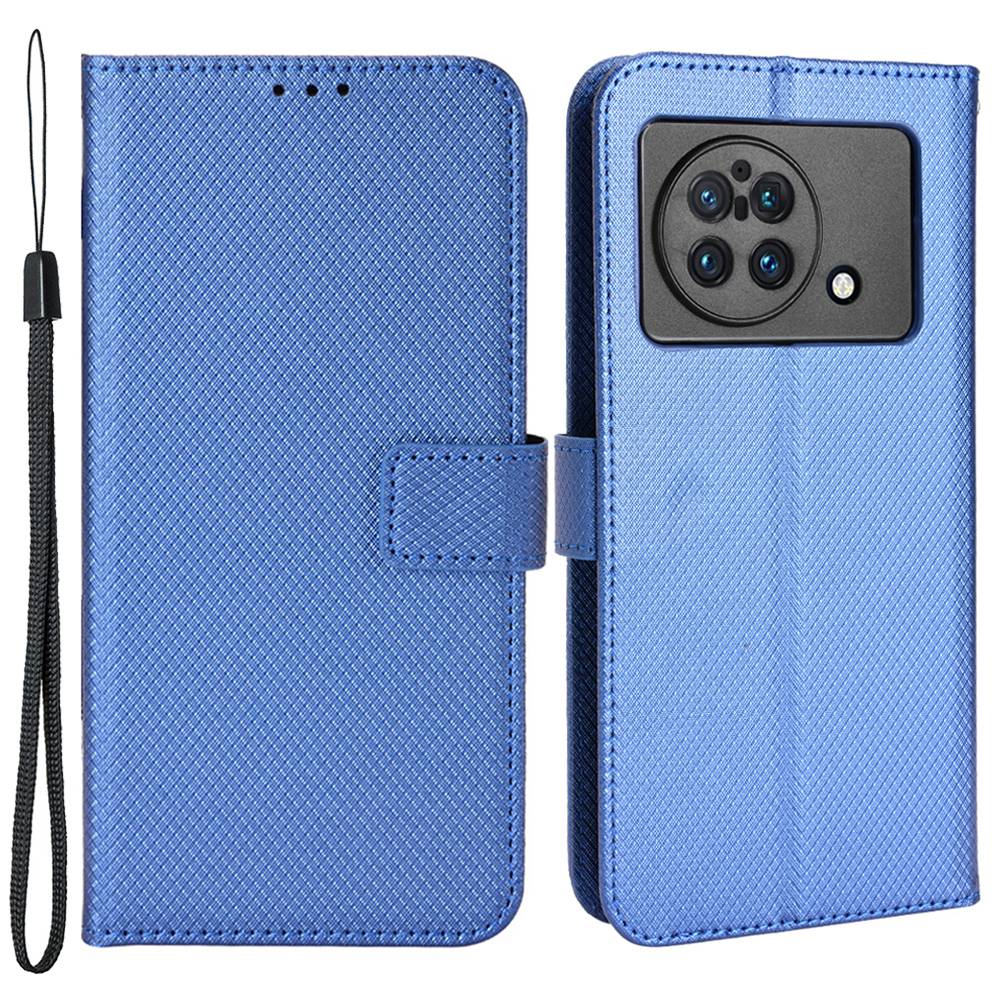 For vivo X Fold Phone Protective Case Diamond Texture Cover Stand Scratch Resistant PU Leather Wallet Soft Shell with Wrist Strap - Blue