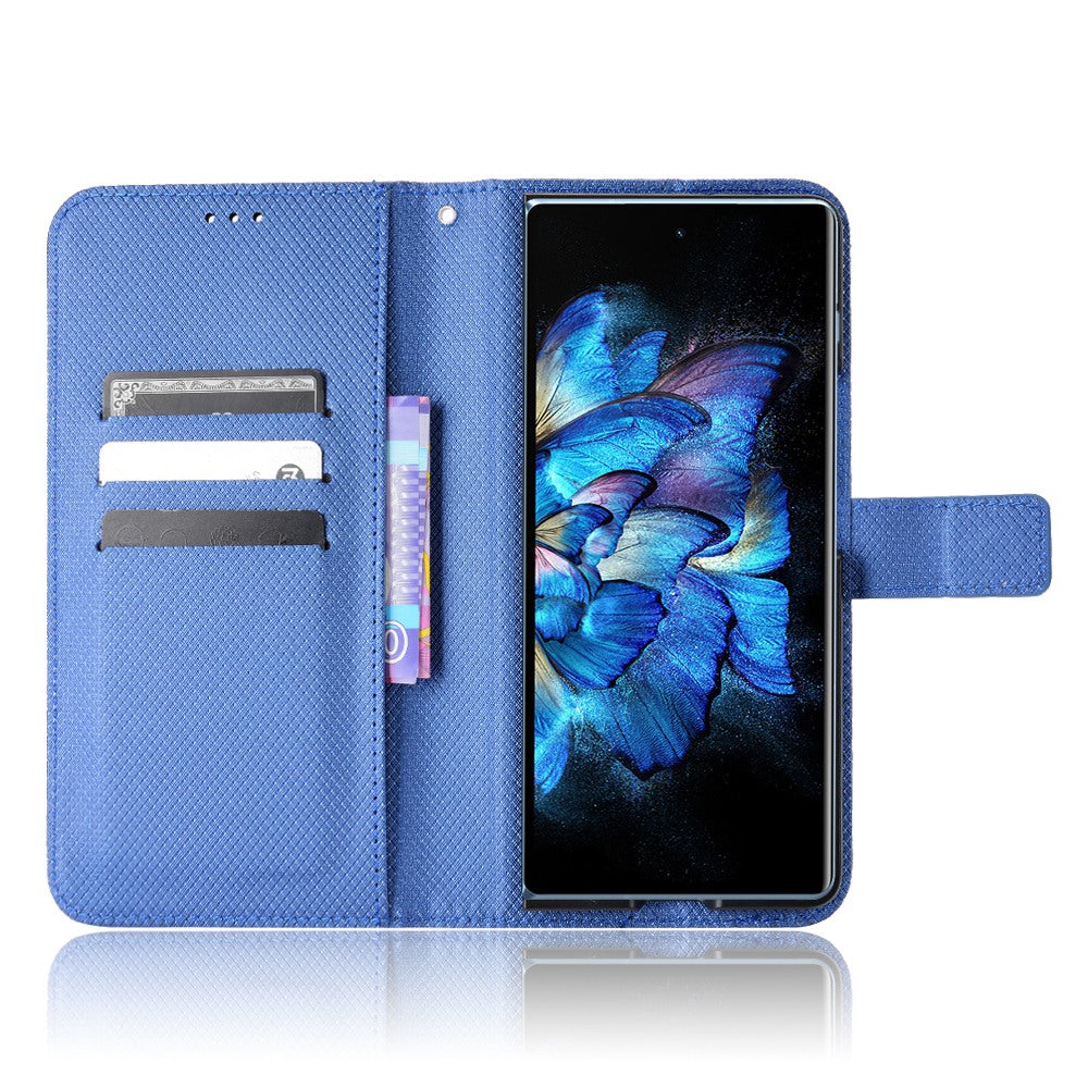 For vivo X Fold Phone Protective Case Diamond Texture Cover Stand Scratch Resistant PU Leather Wallet Soft Shell with Wrist Strap - Blue