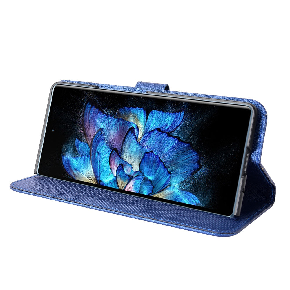 For vivo X Fold Phone Protective Case Diamond Texture Cover Stand Scratch Resistant PU Leather Wallet Soft Shell with Wrist Strap - Blue