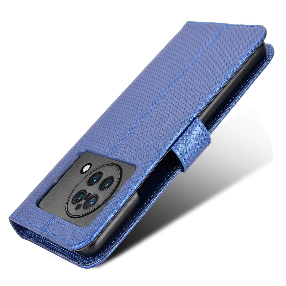 For vivo X Fold Phone Protective Case Diamond Texture Cover Stand Scratch Resistant PU Leather Wallet Soft Shell with Wrist Strap - Blue