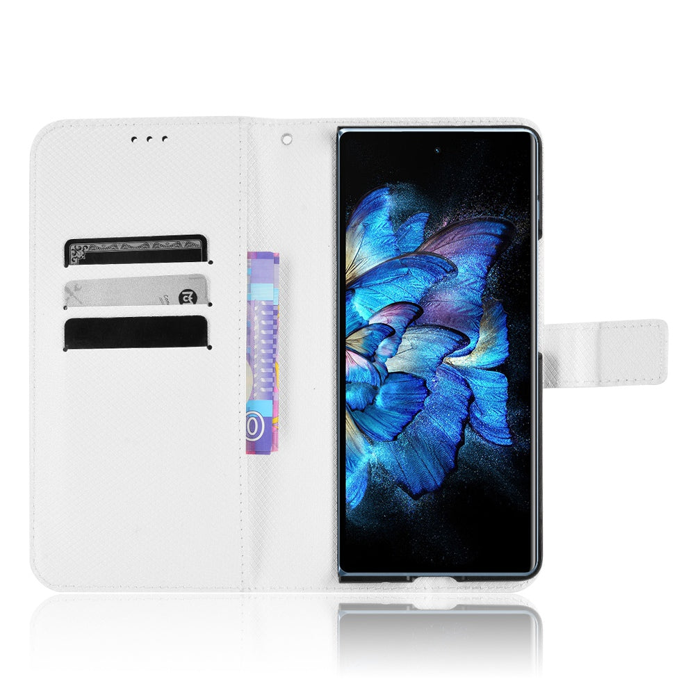 For vivo X Fold Phone Protective Case Diamond Texture Cover Stand Scratch Resistant PU Leather Wallet Soft Shell with Wrist Strap - White