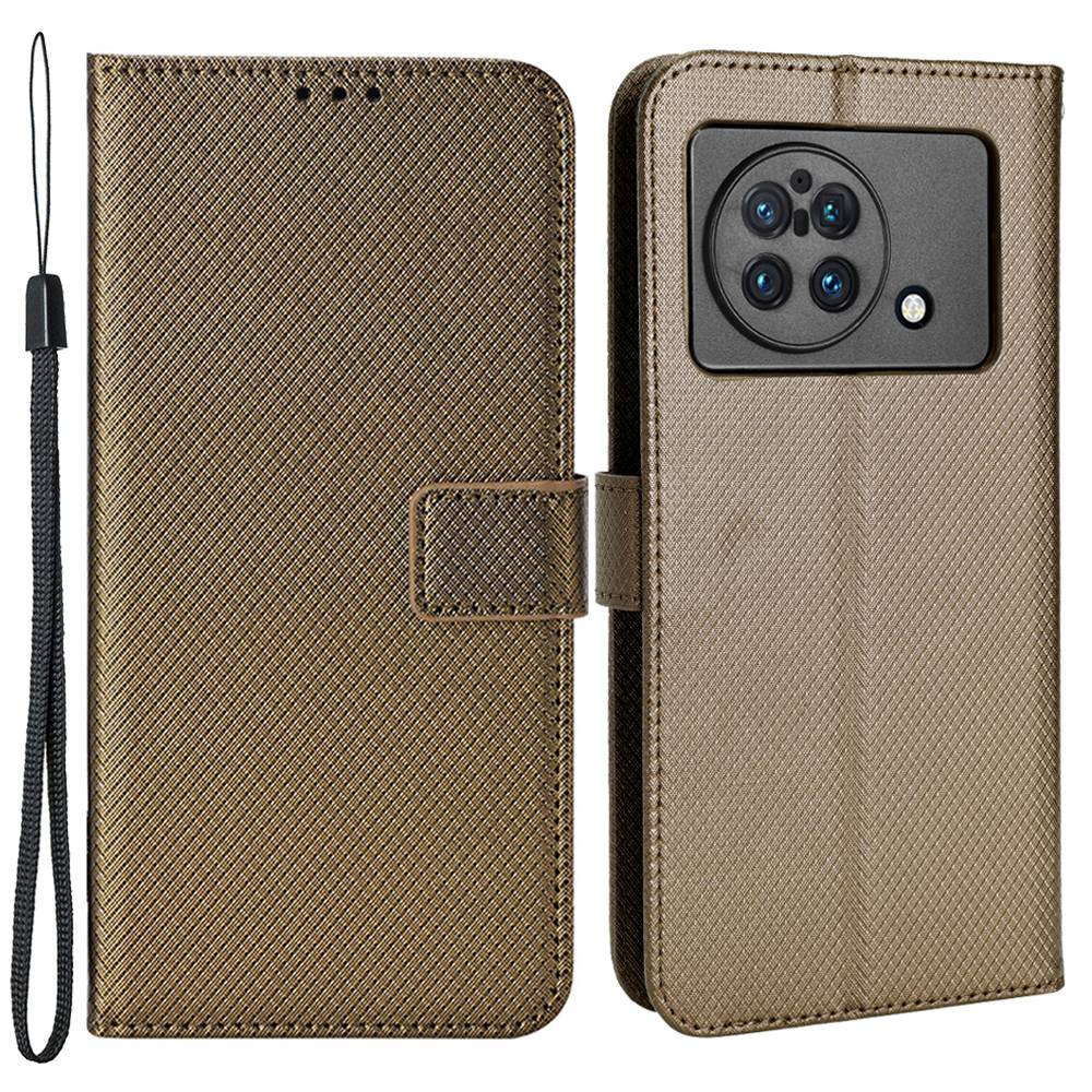 For vivo X Fold Phone Protective Case Diamond Texture Cover Stand Scratch Resistant PU Leather Wallet Soft Shell with Wrist Strap - Brown