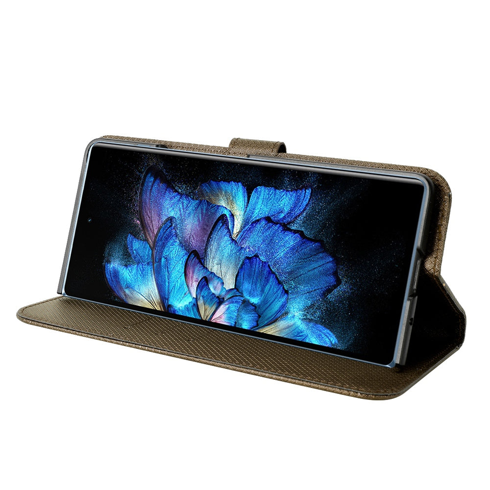 For vivo X Fold Phone Protective Case Diamond Texture Cover Stand Scratch Resistant PU Leather Wallet Soft Shell with Wrist Strap - Brown