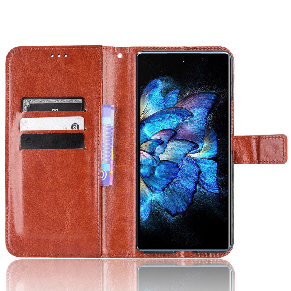 For vivo X Fold Shockproof Phone Cover Crazy Horse Texture PU Leather Covering Shell TPU Inner Phone Case with Stand Wallet - Brown