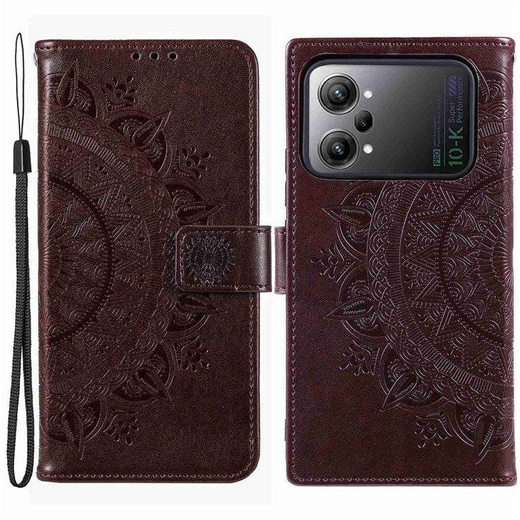 Protective Case for Oppo K10 Pro 5G Imprinted Mandala Flower Pattern Folio Flip Cover PU Leather Anti-drop Wallet Case with Strap - Brown