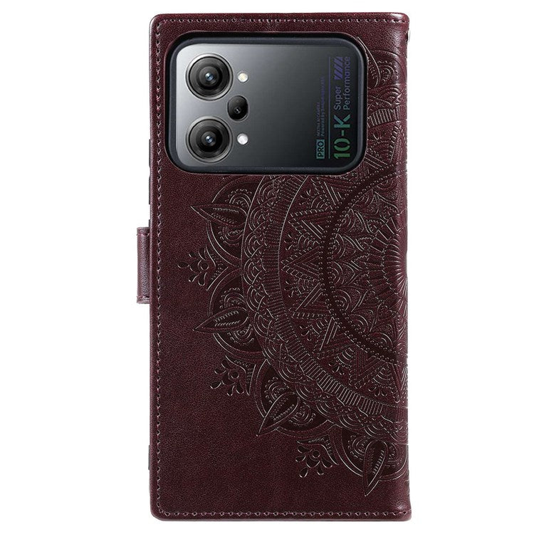 Protective Case for Oppo K10 Pro 5G Imprinted Mandala Flower Pattern Folio Flip Cover PU Leather Anti-drop Wallet Case with Strap - Brown
