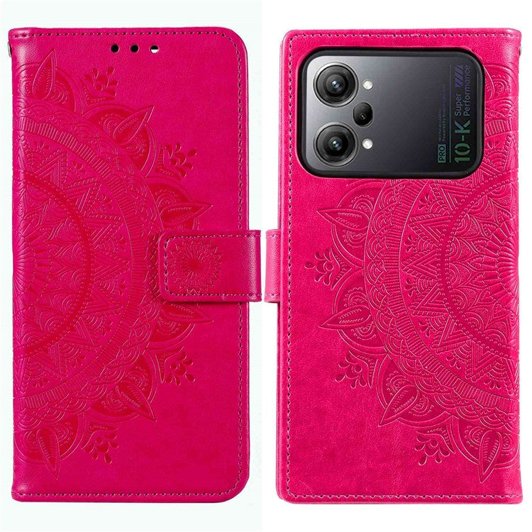 Protective Case for Oppo K10 Pro 5G Imprinted Mandala Flower Pattern Folio Flip Cover PU Leather Anti-drop Wallet Case with Strap - Rose