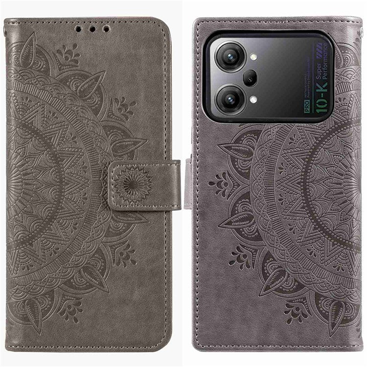Protective Case for Oppo K10 Pro 5G Imprinted Mandala Flower Pattern Folio Flip Cover PU Leather Anti-drop Wallet Case with Strap - Grey