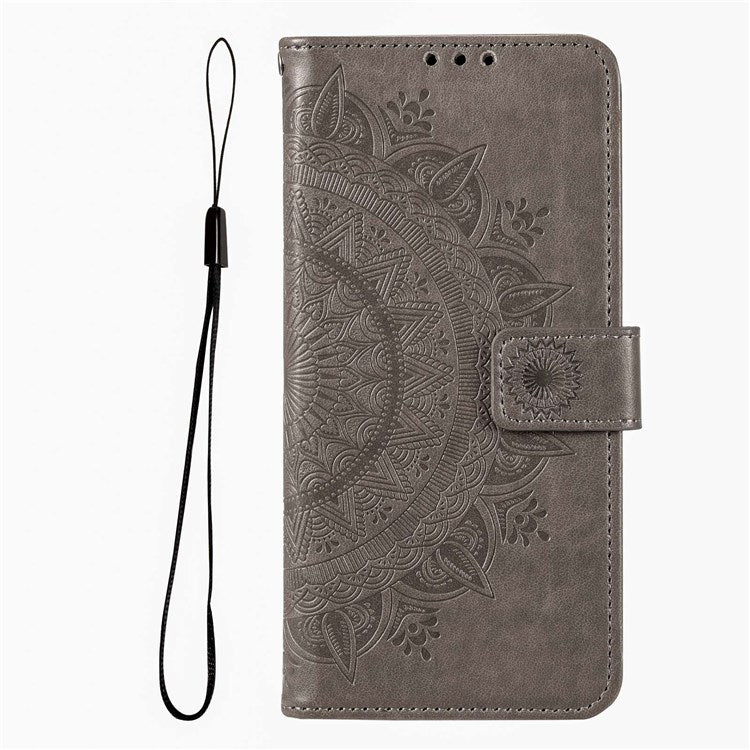 Protective Case for Oppo K10 Pro 5G Imprinted Mandala Flower Pattern Folio Flip Cover PU Leather Anti-drop Wallet Case with Strap - Grey