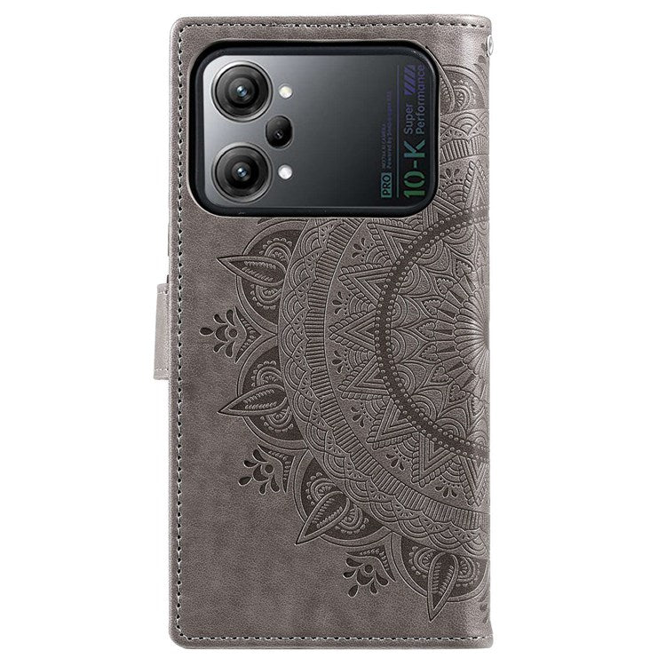 Protective Case for Oppo K10 Pro 5G Imprinted Mandala Flower Pattern Folio Flip Cover PU Leather Anti-drop Wallet Case with Strap - Grey