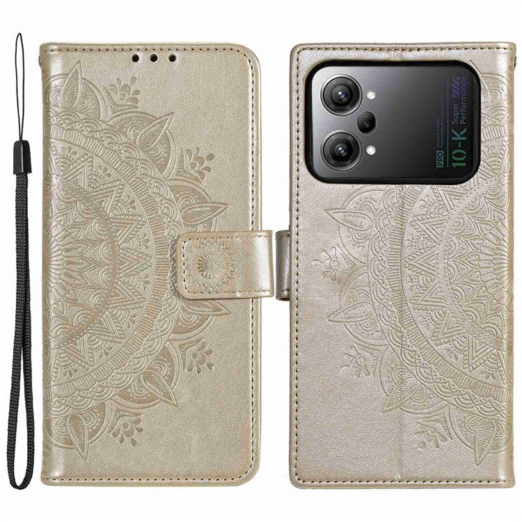 Protective Case for Oppo K10 Pro 5G Imprinted Mandala Flower Pattern Folio Flip Cover PU Leather Anti-drop Wallet Case with Strap - Gold
