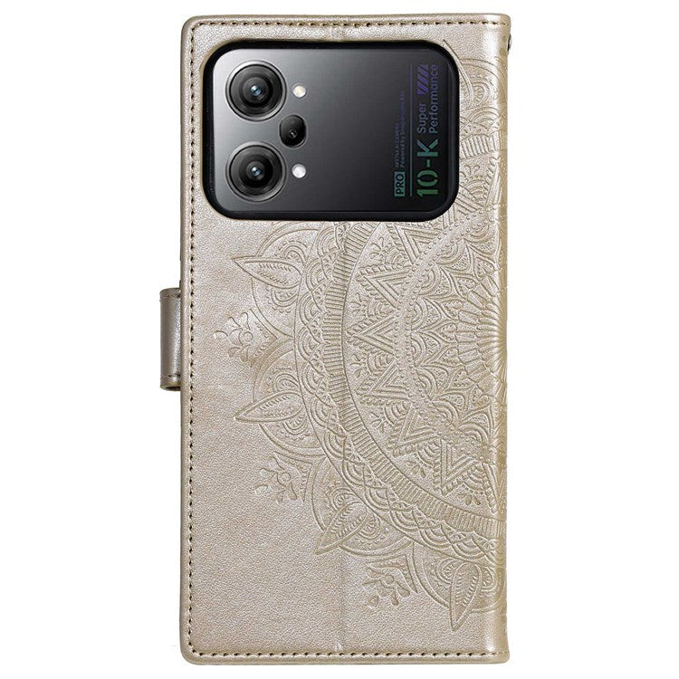 Protective Case for Oppo K10 Pro 5G Imprinted Mandala Flower Pattern Folio Flip Cover PU Leather Anti-drop Wallet Case with Strap - Gold