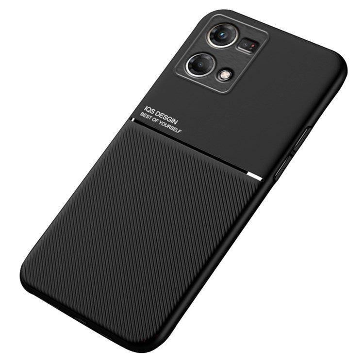 Protective Phone Case for Oppo Reno7 4G Anti-scratch Anti-fall Lines Imprinted PU Leather TPU Shell with Built-in Metal Sheet - Black