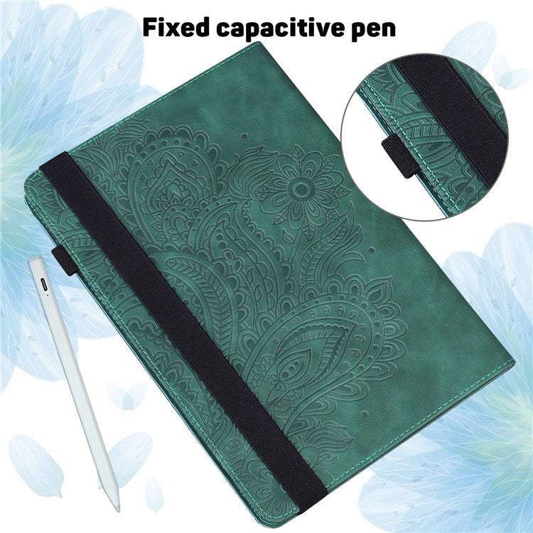 Imprinting Flower Leather Case for Realme Pad Mini, Full Protection Auto Wake/Sleep Tablet Cover with Card Holder Stand - Green