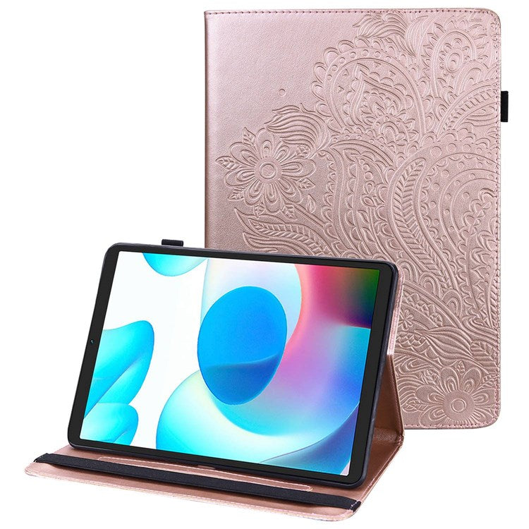 Imprinting Flower Leather Case for Realme Pad Mini, Full Protection Auto Wake/Sleep Tablet Cover with Card Holder Stand - Rose Gold