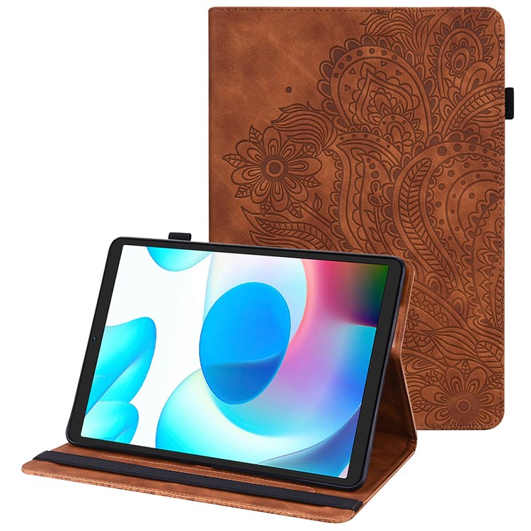 Imprinting Flower Leather Case for Realme Pad Mini, Full Protection Auto Wake/Sleep Tablet Cover with Card Holder Stand - Brown