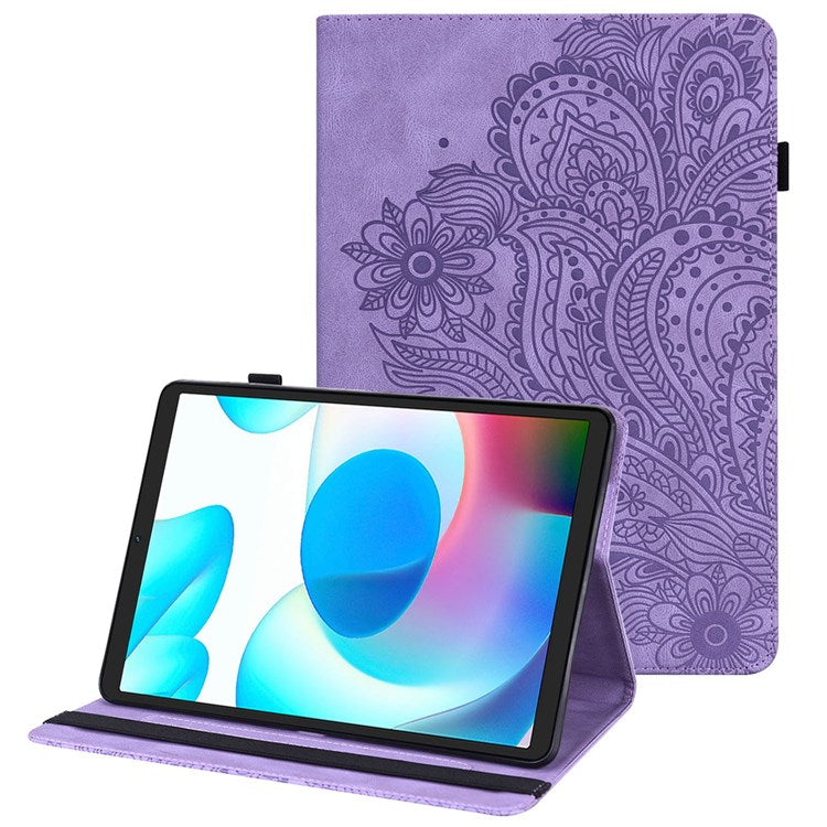 Imprinting Flower Leather Case for Realme Pad Mini, Full Protection Auto Wake/Sleep Tablet Cover with Card Holder Stand - Purple