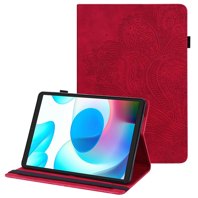 Imprinting Flower Leather Case for Realme Pad Mini, Full Protection Auto Wake/Sleep Tablet Cover with Card Holder Stand - Red