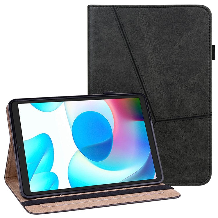 Card Holder Stand Tablet Case for Realme Pad Mini, Line Imprinted Shockproof PU Leather Elastic Band Protective Cover - Black