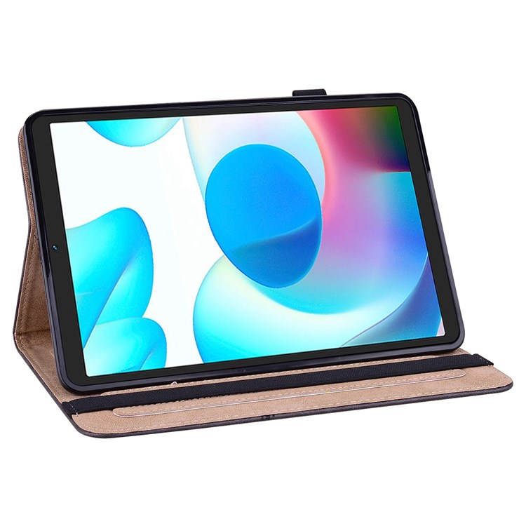 Card Holder Stand Tablet Case for Realme Pad Mini, Line Imprinted Shockproof PU Leather Elastic Band Protective Cover - Black