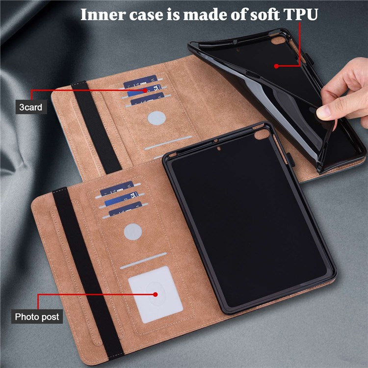 Card Holder Stand Tablet Case for Realme Pad Mini, Line Imprinted Shockproof PU Leather Elastic Band Protective Cover - Blue