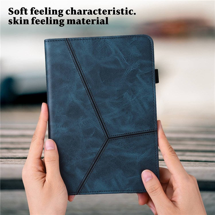 Card Holder Stand Tablet Case for Realme Pad Mini, Line Imprinted Shockproof PU Leather Elastic Band Protective Cover - Blue