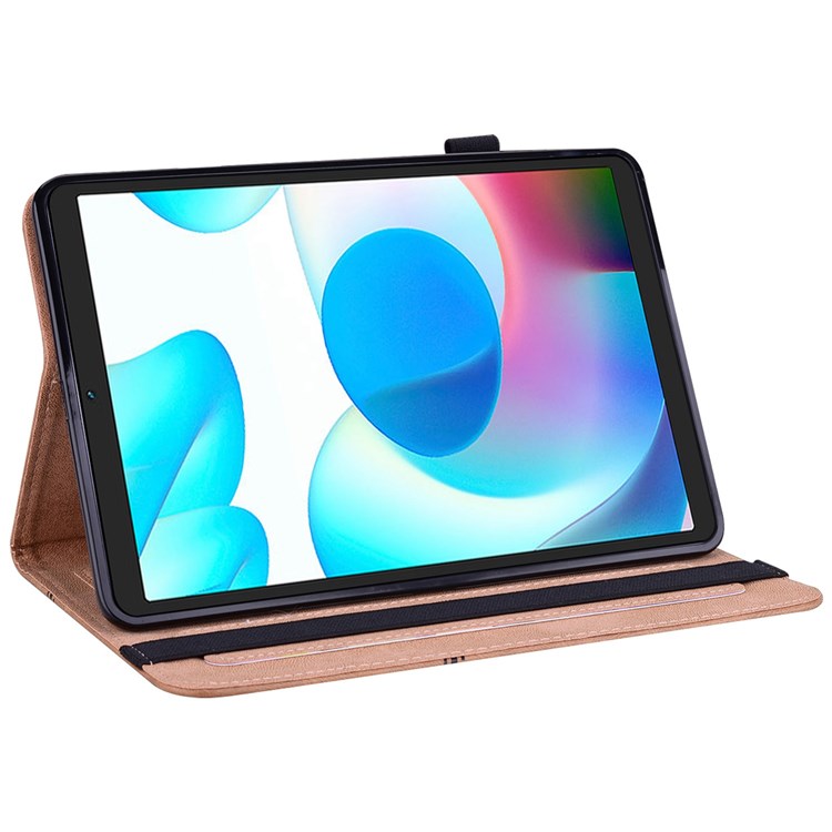 Card Holder Stand Tablet Case for Realme Pad Mini, Line Imprinted Shockproof PU Leather Elastic Band Protective Cover - Brown