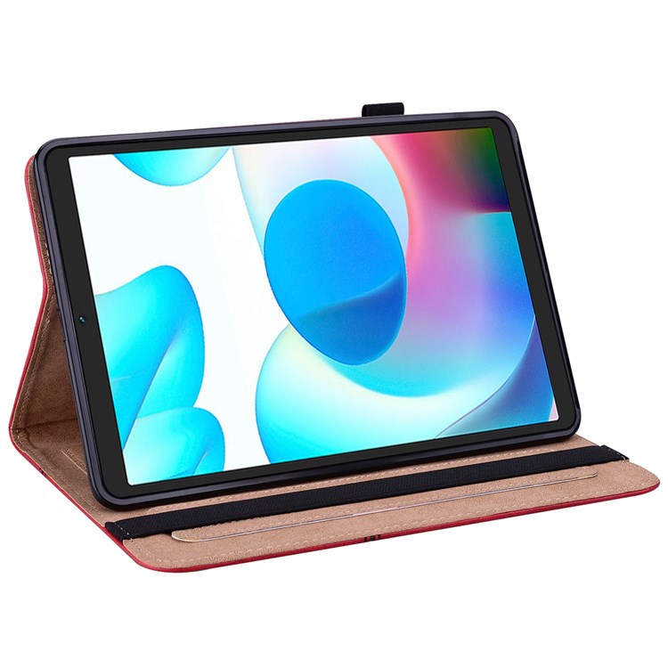 Card Holder Stand Tablet Case for Realme Pad Mini, Line Imprinted Shockproof PU Leather Elastic Band Protective Cover - Red