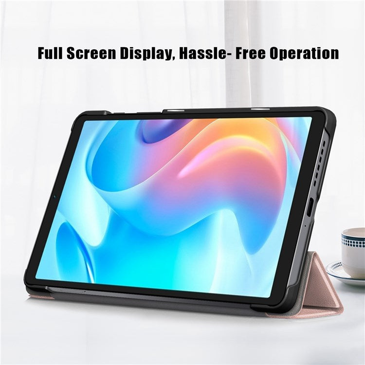 Tablet Covering Shell for Realme Pad Mini PC+PU Leather Trifold Stand Cover Well-protected Flip Tablet Case - Rose Gold