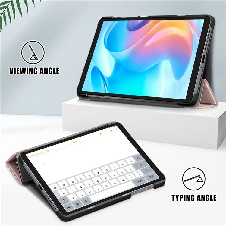 Tablet Covering Shell for Realme Pad Mini PC+PU Leather Trifold Stand Cover Well-protected Flip Tablet Case - Rose Gold