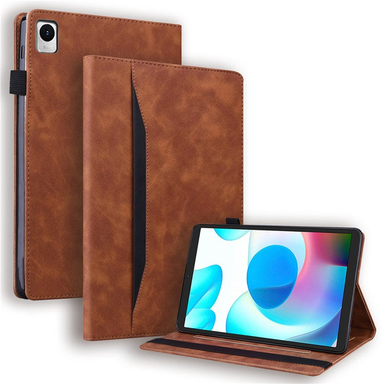 For Realme Pad Mini Shockproof Anti-fall Tablet Case PU Leather Stand Wallet Elastic Band Shell with Pencil Holder - Brown