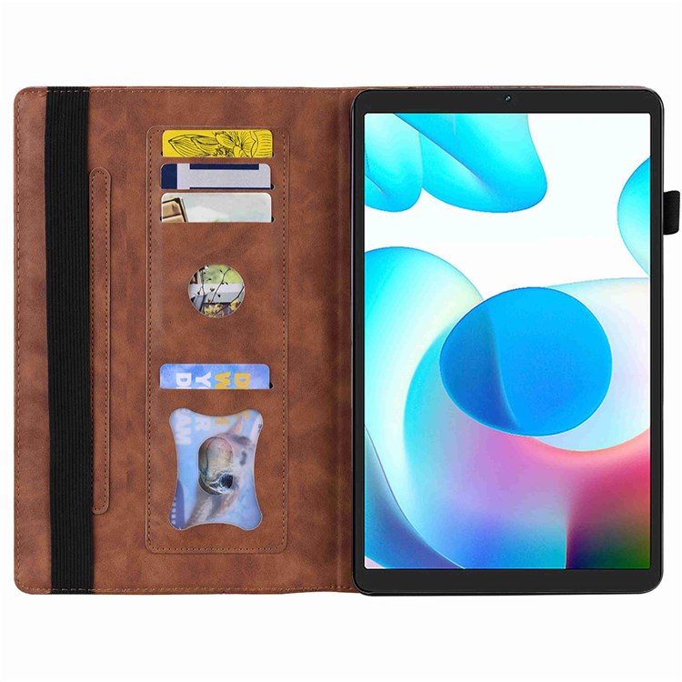 For Realme Pad Mini Shockproof Anti-fall Tablet Case PU Leather Stand Wallet Elastic Band Shell with Pencil Holder - Brown