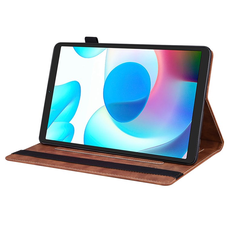 For Realme Pad Mini Shockproof Anti-fall Tablet Case PU Leather Stand Wallet Elastic Band Shell with Pencil Holder - Brown