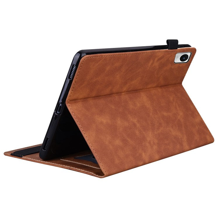 For Realme Pad Mini Shockproof Anti-fall Tablet Case PU Leather Stand Wallet Elastic Band Shell with Pencil Holder - Brown