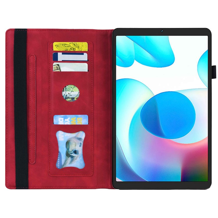 For Realme Pad Mini Shockproof Anti-fall Tablet Case PU Leather Stand Wallet Elastic Band Shell with Pencil Holder - Red