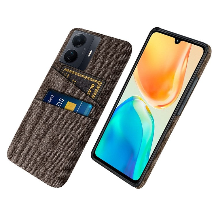 For vivo S15e 5G/T1 (Snapdragon 778G) 5G/iQOO Z6 Pro 5G Cloth Texture Phone Case Cloth + PC Back Cover with Dual Card Slots - Brown