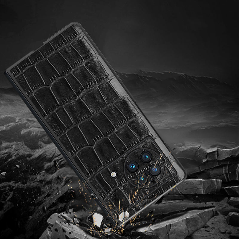 For vivo X Fold Genuine Cowhide Leather Coated TPU Case Crocodile Texture Soft Non-Slip Grip Folding Screen Phone Cover - Blue