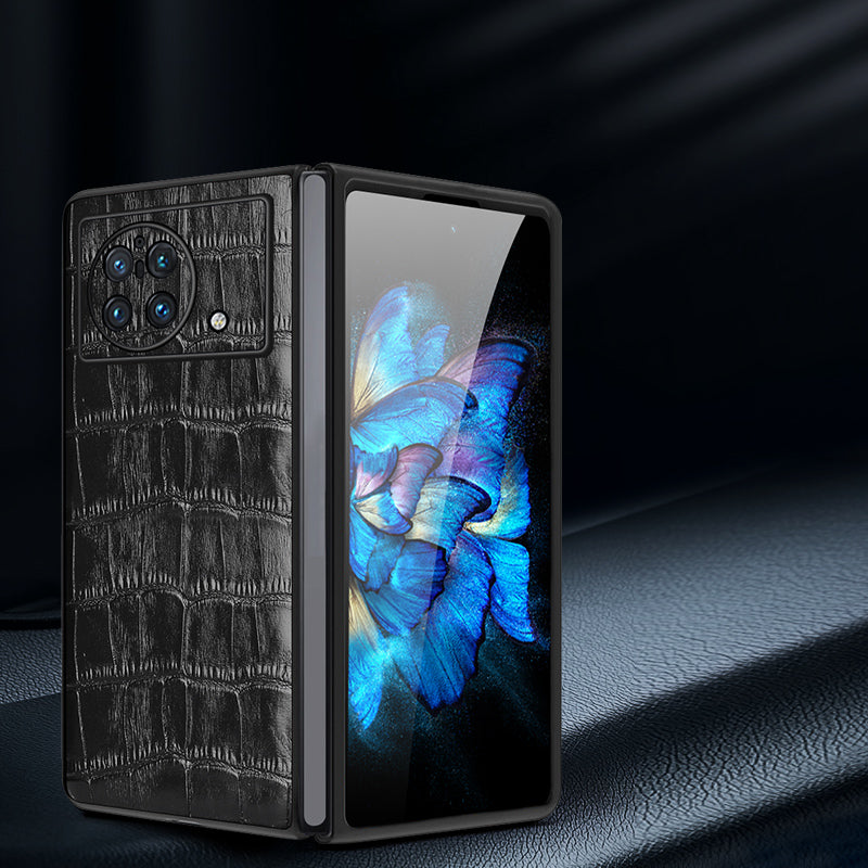 For vivo X Fold Genuine Cowhide Leather Coated TPU Case Crocodile Texture Soft Non-Slip Grip Folding Screen Phone Cover - Blue