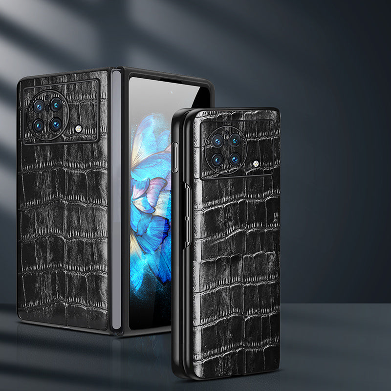 For vivo X Fold Genuine Cowhide Leather Coated TPU Case Crocodile Texture Soft Non-Slip Grip Folding Screen Phone Cover - Blue