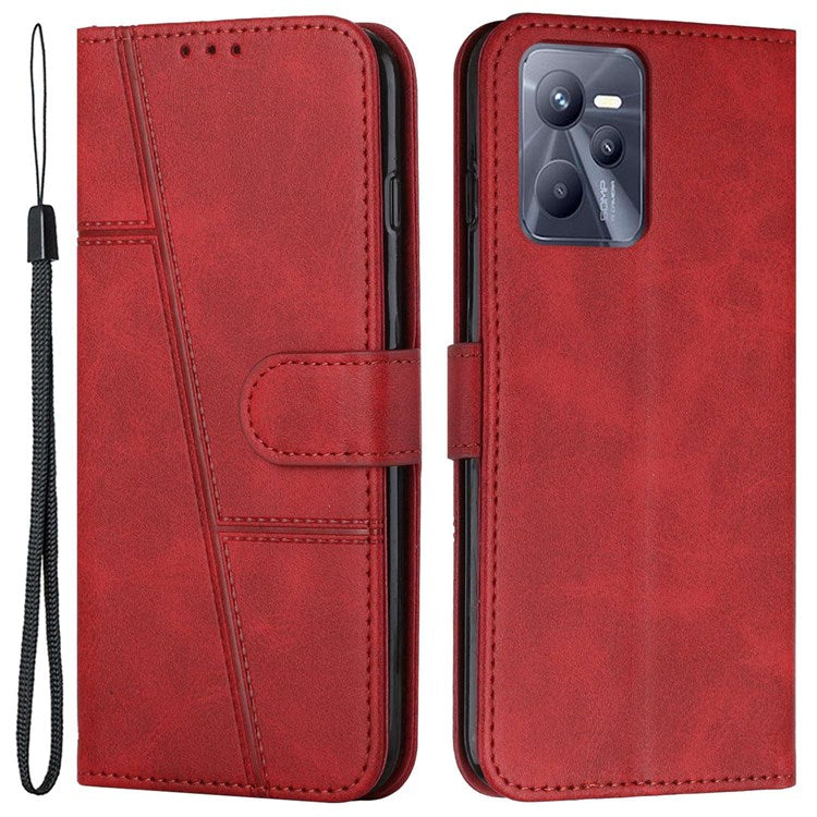 For Realme C35/Narzo 50A Prime Full Protection Flip Case Stitching PU Leather Magnetic Phone Case Folio Stand Cover with Strap Card Holder - Red
