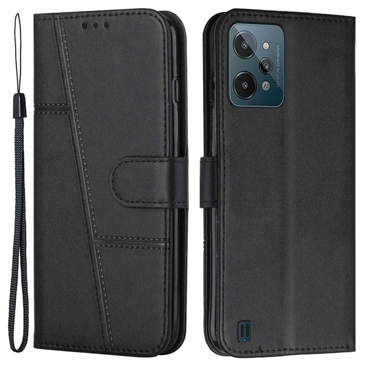 For Realme C31 Anti-fall Flip Case Stitching PU Leather Protective Phone Case Folio Stand Precise Cutout Cover with Strap - Black
