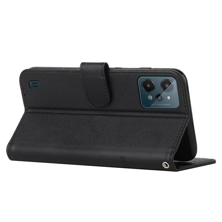 For Realme C31 Anti-fall Flip Case Stitching PU Leather Protective Phone Case Folio Stand Precise Cutout Cover with Strap - Black