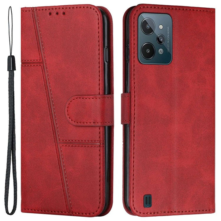 For Realme C31 Anti-fall Flip Case Stitching PU Leather Protective Phone Case Folio Stand Precise Cutout Cover with Strap - Red