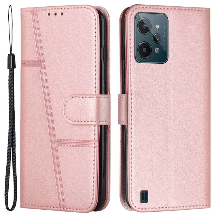 For Realme C31 Anti-fall Flip Case Stitching PU Leather Protective Phone Case Folio Stand Precise Cutout Cover with Strap - Rose Gold