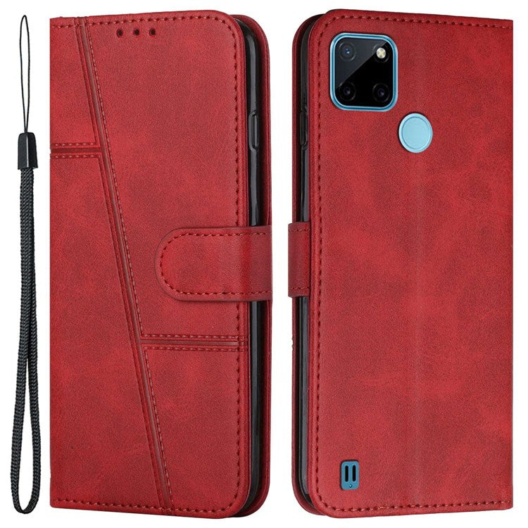 For Realme C21Y/C25Y Full Coverage Flip Case Anti-scratch PU Leather Magnetic Folio Book Folding Stitching Cover Stand with Strap - Red