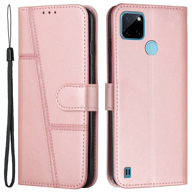 For Realme C21Y/C25Y Full Coverage Flip Case Anti-scratch PU Leather Magnetic Folio Book Folding Stitching Cover Stand with Strap - Rose Gold