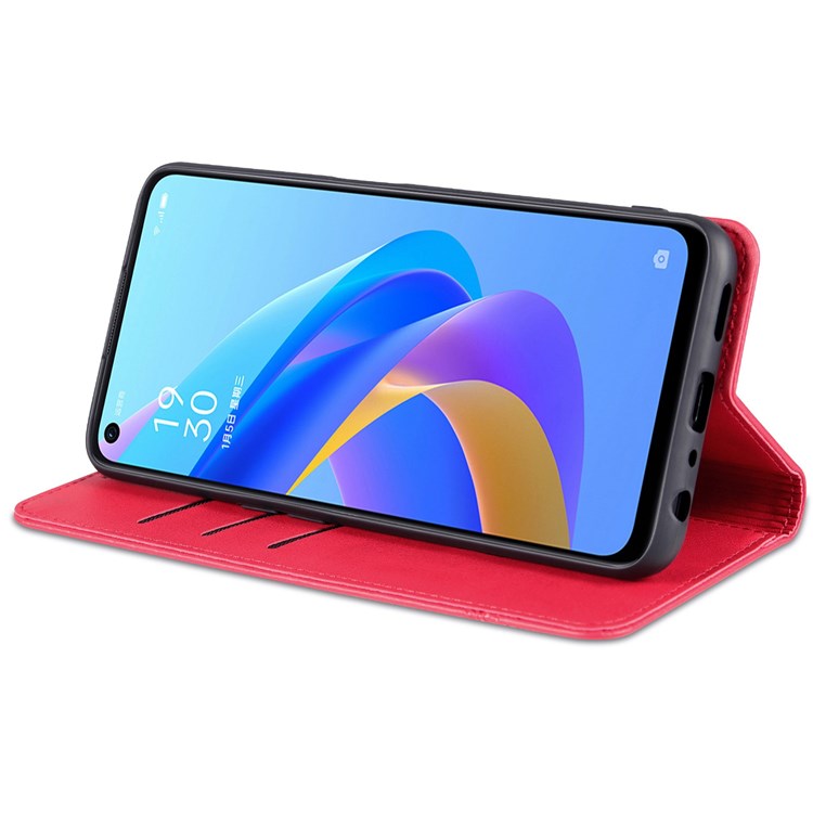 AZNS For Oppo A57 (2022) 5G / A77 5G / OnePlus Nord N300 5G PU Leather Wallet Flip Cover Hidden Magnetic Absorption Stand Folio Phone Case - Red