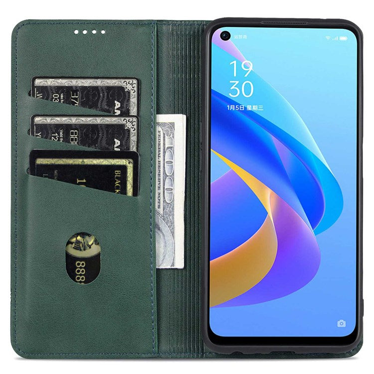 AZNS For Oppo A57 (2022) 5G / A77 5G / OnePlus Nord N300 5G PU Leather Wallet Flip Cover Hidden Magnetic Absorption Stand Folio Phone Case - Blackish Green