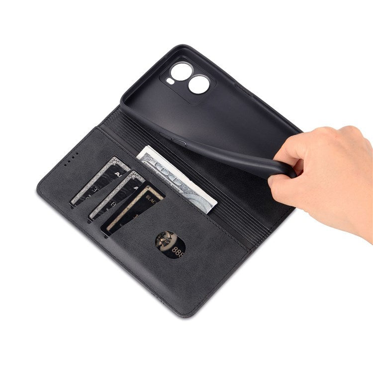 AZNS For Oppo A57 (2022) 5G / A77 5G / OnePlus Nord N300 5G PU Leather Wallet Flip Cover Hidden Magnetic Absorption Stand Folio Phone Case - Black