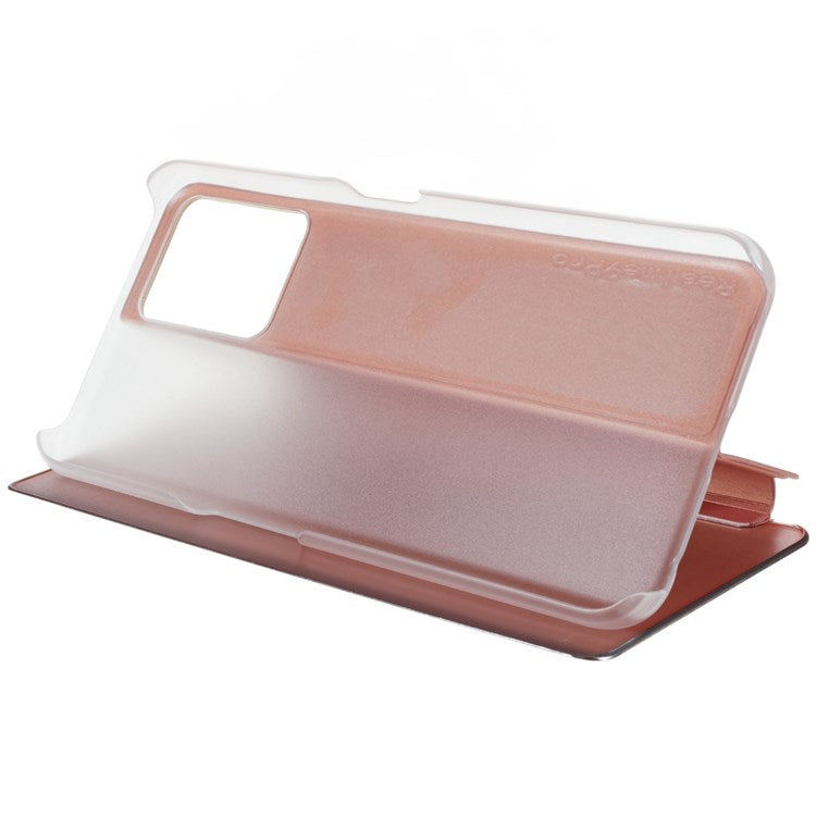 For Realme 9 Pro 5G / 9 5G / 9 5G / V25 5G Drop-proof Smart View Window Mirror Case Electroplate Stand PU Leather Full Body Protective Cover - Rose Gold